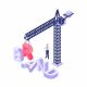 Isometric concept with crane constructing word brand on white background 3d vector illustration
